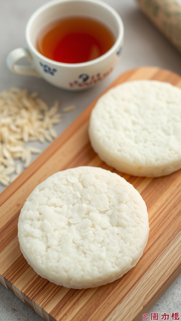 Simple and Delicious Plain Rice Cakes Two plain rice cakes on a wooden board with a cup of tea in the background.